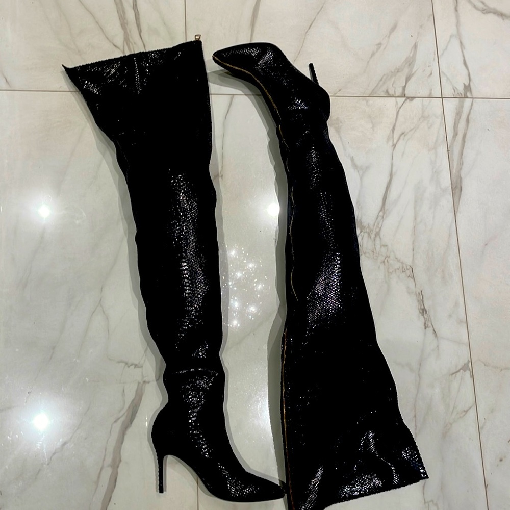 Black Sequin Thigh High Boots - Size 42